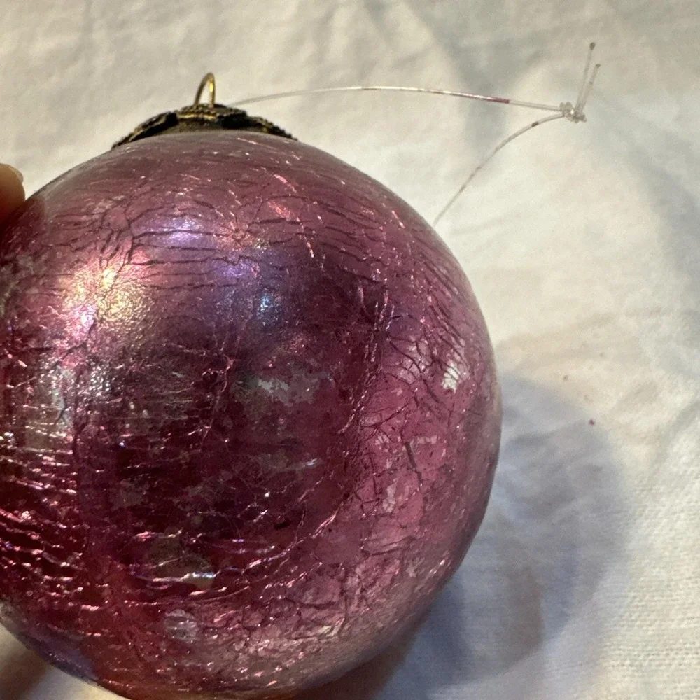 Antique GERMAN KUGEL Ornament Bulb HEAVY Pink Crackle Mercury Glass Brass Cap 3